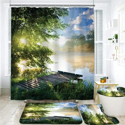 3D Natural Forest Landscape Printed Waterproof Fabric Bathroom Curtain Shower Curtains Set Anti-Skid Rugs Toilet Cover Bath Mat