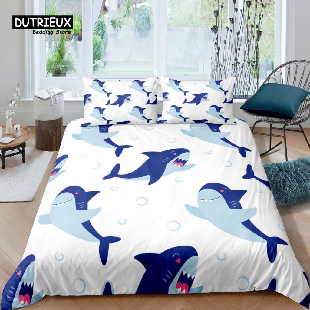 

Home Living Luxury 3D Print Cartoon Shark Bedding Set Sea Duvet Cover Pillowcase Queen and King EU/US/AU Size Polyester Bedding EU single(135x200cm)