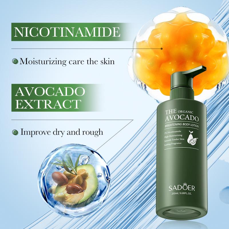 250g/8.80fl.oz Avocado Moisturizing And Brightening Body Lotion With 5% Niacinamide For Firming, Smoothing, And Delicate Skin.