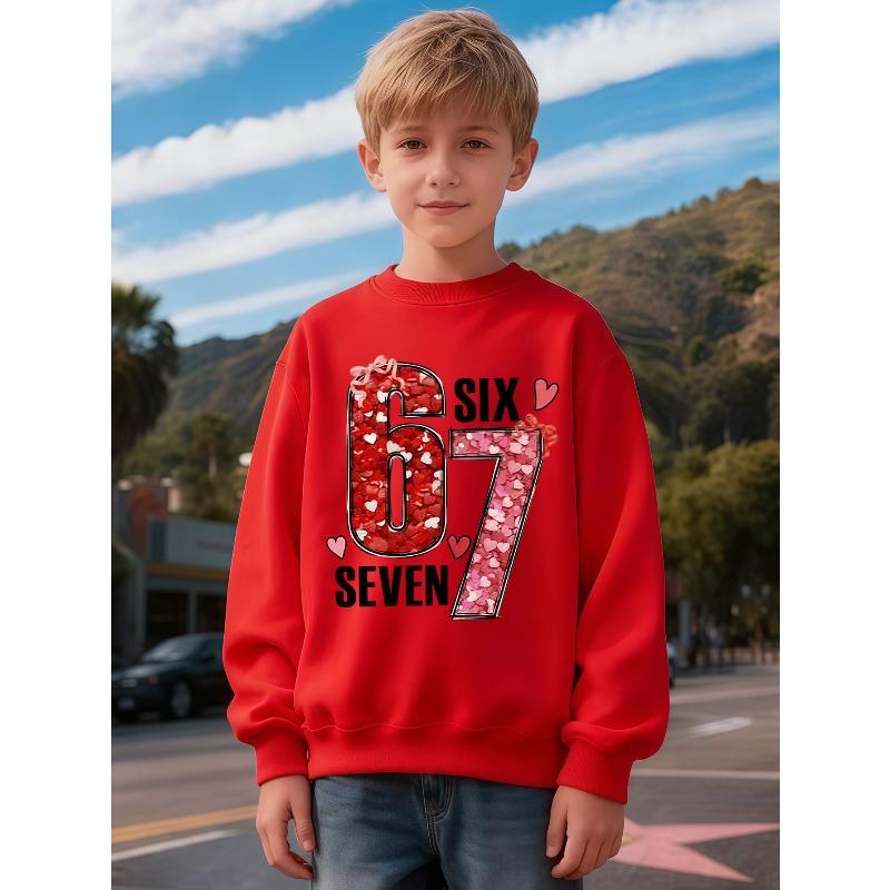 Kids Unisex Crewneck Sweatshirt, Glitter Heart Bow Number 67 Print Long Sleeve Pullover, Boys Girls Cute Birthday Sweatshirt For Kids Over 4 Years Old