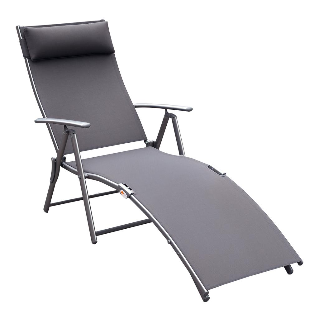 Sun Lounger Steel Frame Outdoor Folding Chaise Texteline Lounge Chair Recliner With Headrest And 7 Levels Adjustable Backrest Grey