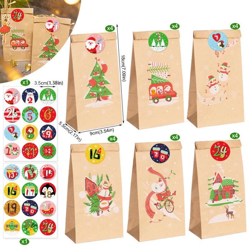 Christmas Gift Bags with Stickers - 24 Sets Advent Calendar Candy Paper Bags