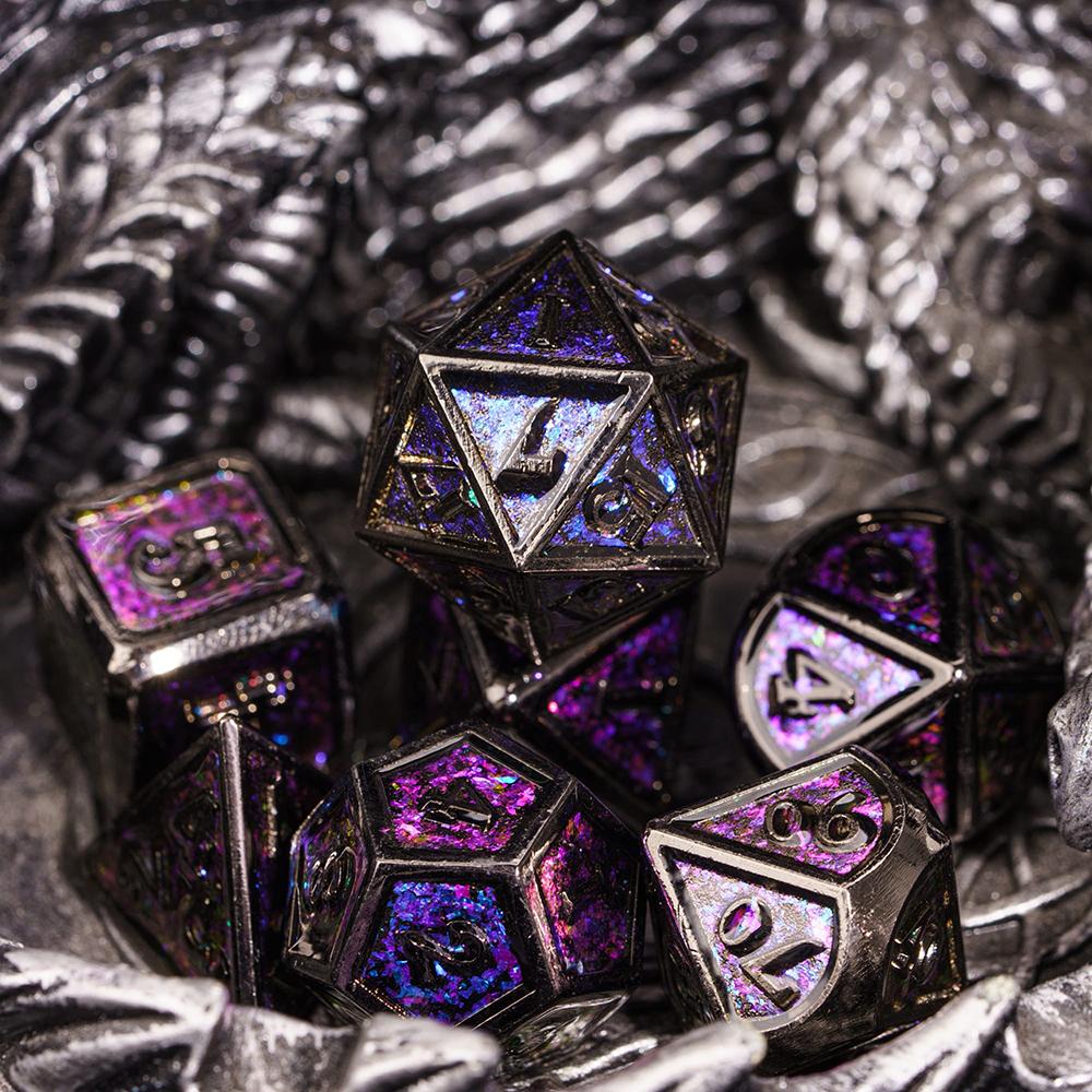 Cusdie Metal Glitter Dices DND 7Pcs Frame Solid D&D Dice D4-D20 Polyhedral Dice Set for Role Playing Game Pathfinder TRPG