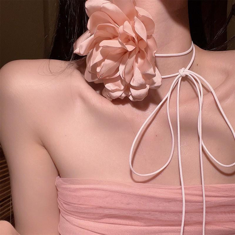 Lolita Camellia Choker Necklace for Women - Dark Clavicle Chain, Maid Style Neckband Collar