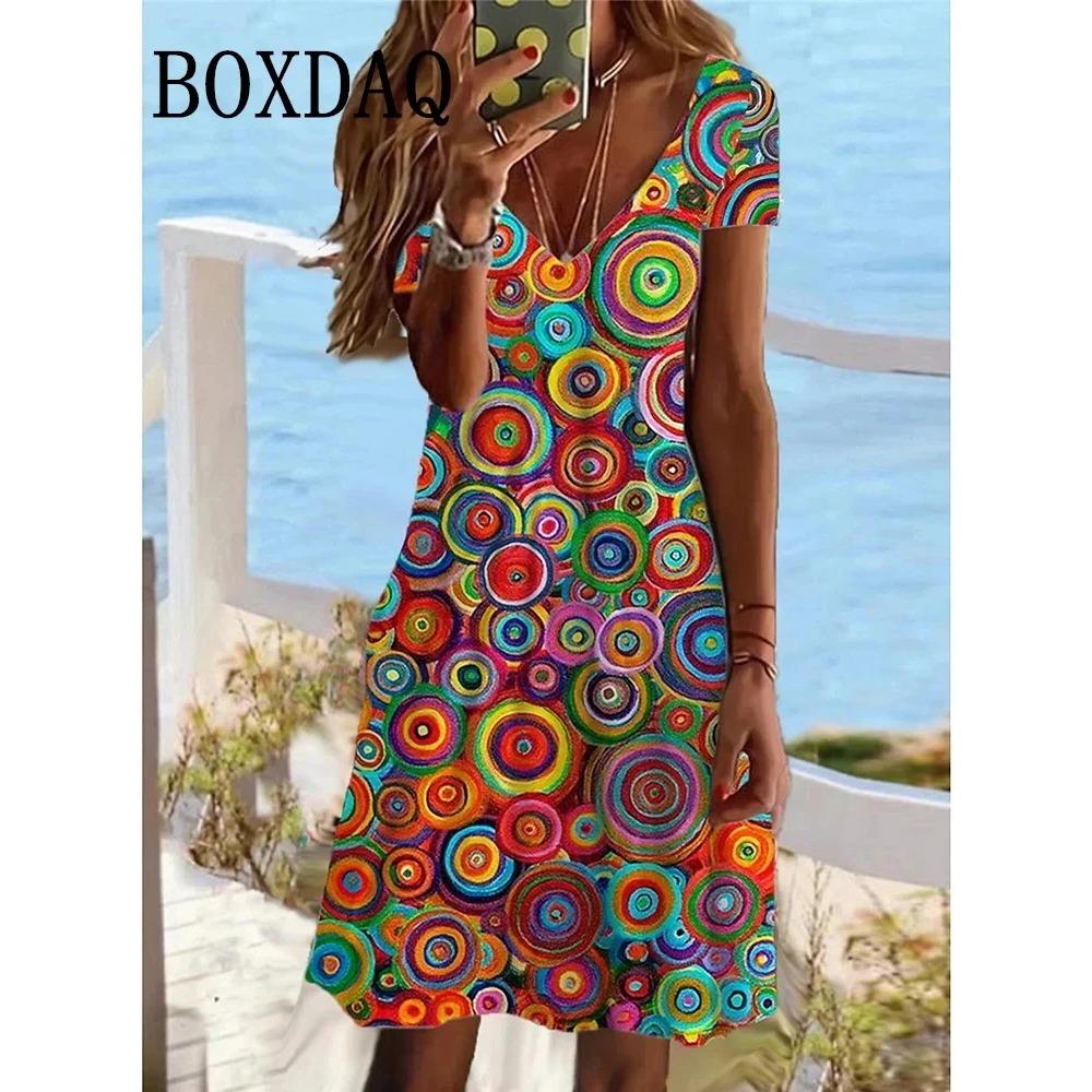 Women Dresses Summer Casual Trend Loose V-Neck Ladies Contrast Color Flower Print Clothing