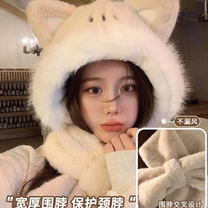 Cute fox ears plush hat women's winter scarf integrated hat thickened thermal bald hat