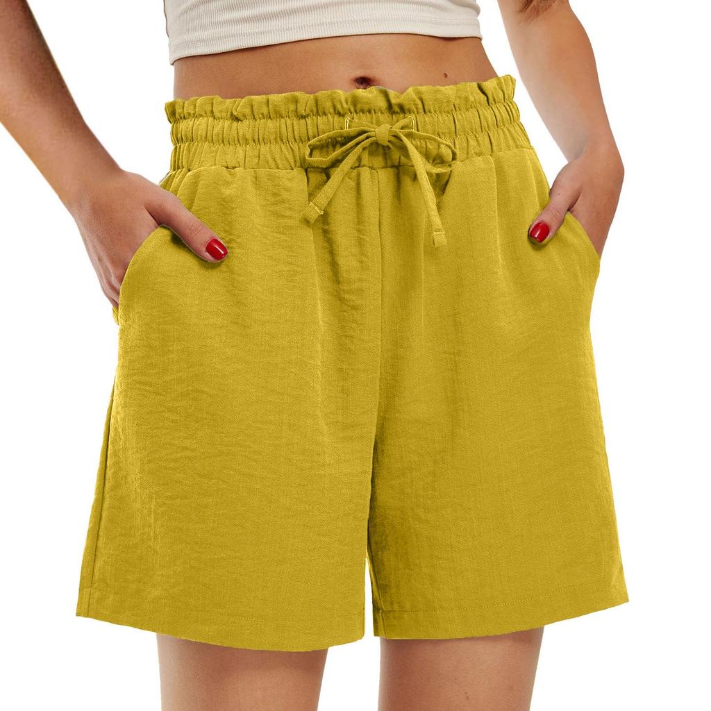 Women's Fashion Loose High Waist Drawstring Color Small Pocket Casual Shorts