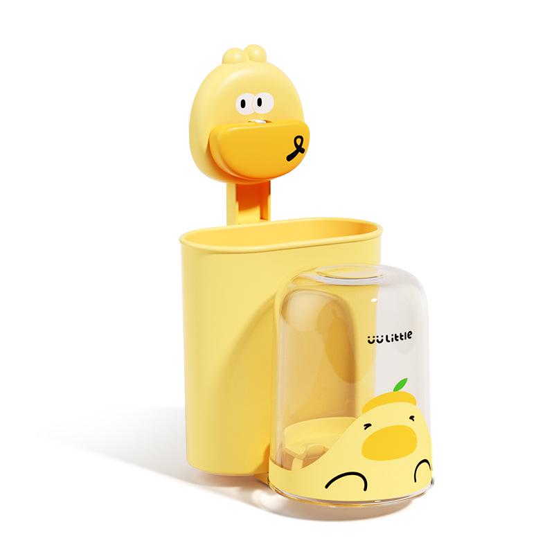 Cartoon Toothbrush Holder & Cup Rack: Punch-Free, Wall-Mounted, Cute Design for Kids' Bathroom.