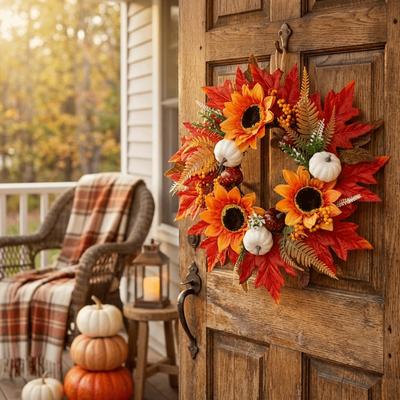 Simulated Floral Pumpkin Maple Leaf Wreath Rustic Style Thanksgiving Halloween Christmas Door Wreath Wall Hanging Home Decor