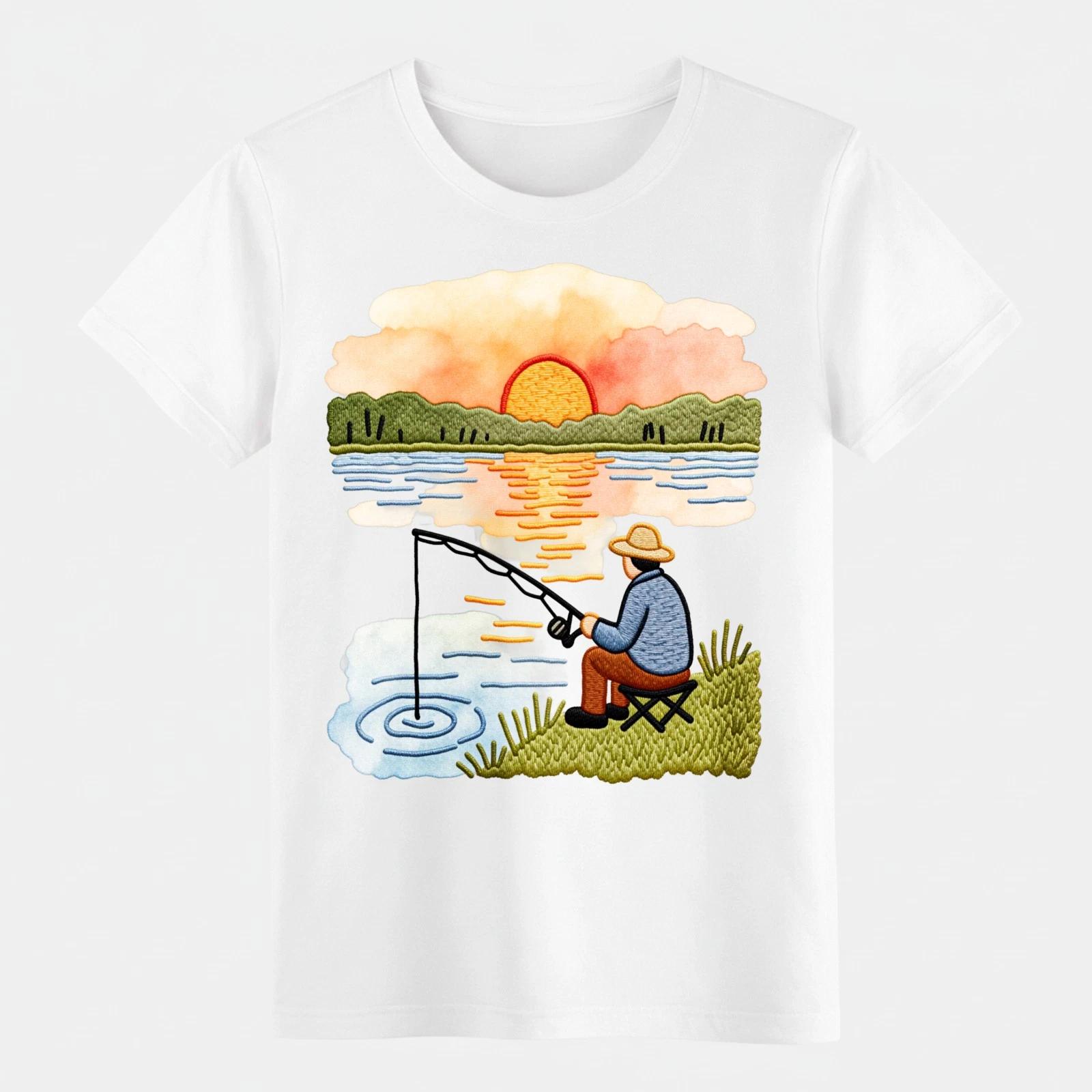 

Винтажная акварельная футболка Закат на озере, рыбалка , Уютная повседневная футболка для активного отдыха на природе M