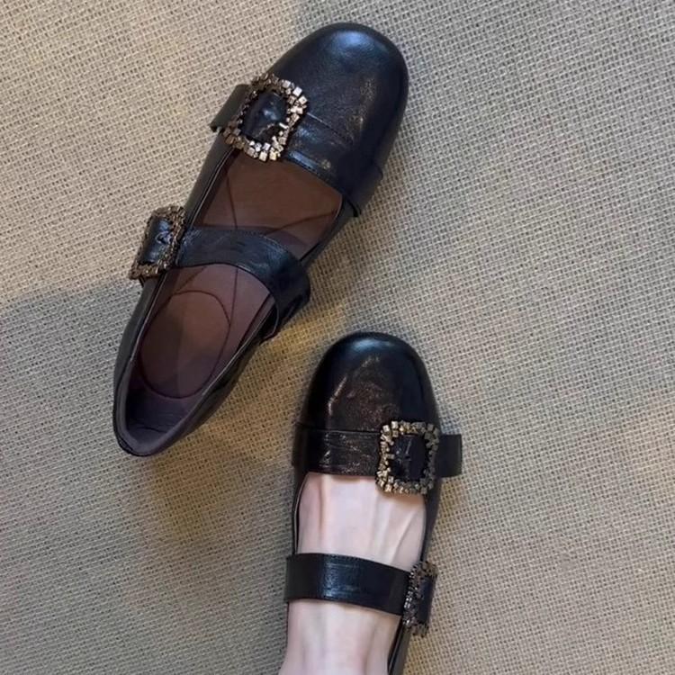 Soft leather version~ Shallow soft leather versatile one-word buckle flat Mary Jane shoes women's retro rhinestone comfortable low-heeled single shoes