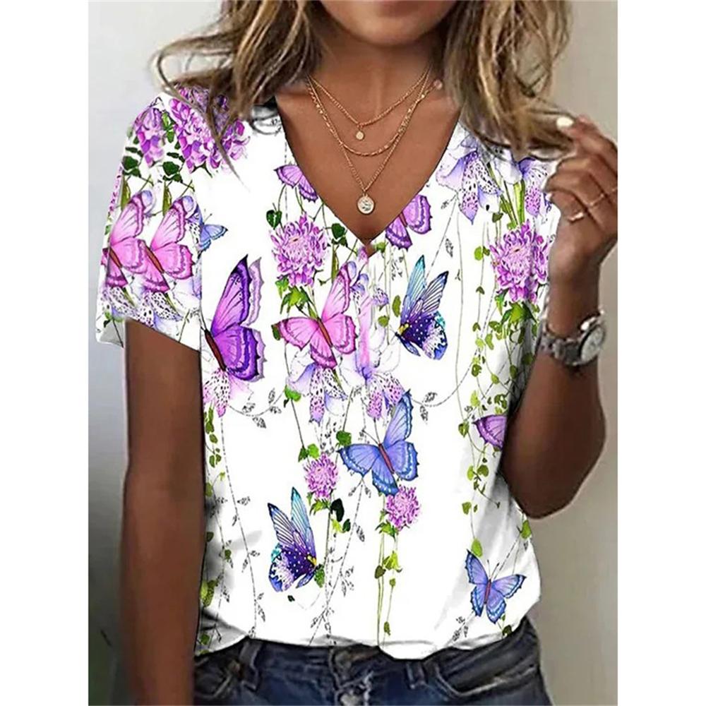 

Floral 3D printing T-shirt women s street wear summer V-neck T-shirt S