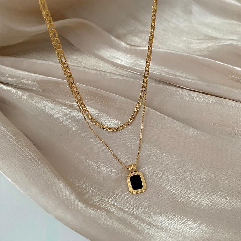 Titanium Steel Double-Layer Black Square Necklace Female Cold Wind Collarbone Chain Temperament Metal Wind Neck Chain
