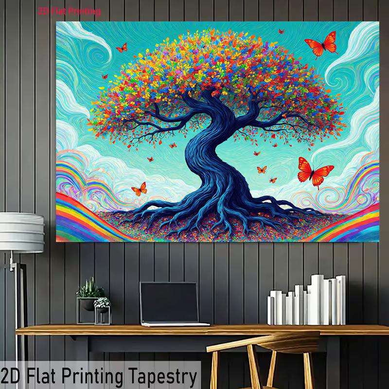 2D Dreamy Tree of Life Backdrop with Multicolor Leaves & Butterflies for Art Events