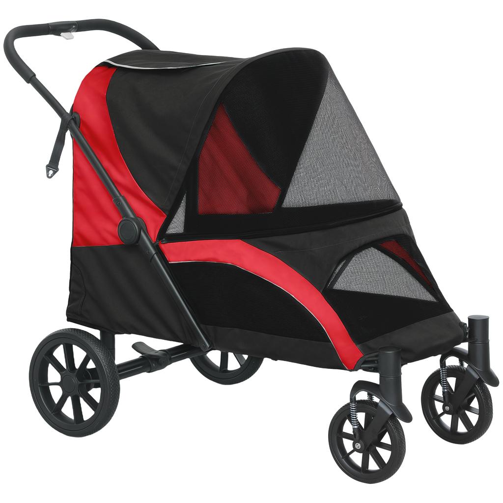 Faltbarer Haustierkinderwagen für mittelgroße Hunde mit vier großen Rädern, stoßdämpfendem Rahmen, Sicherheitsleinen, Bremsen, Rot/Schwarz