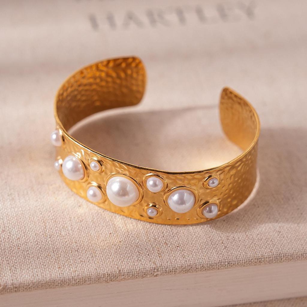Stainless Steel Pearl Textured Open Bangle: European-American Style, Versatile Women's Jewelry