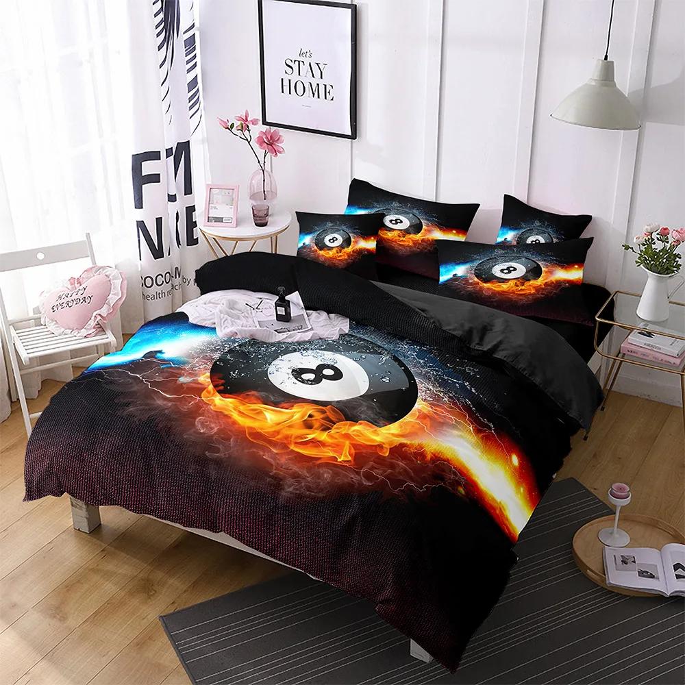 Billiards Duvet Cover Black 8 Ball with Fire Sports Games Theme Billiard Ball Bedding for Boys Girls Teens Bedroom Decorations