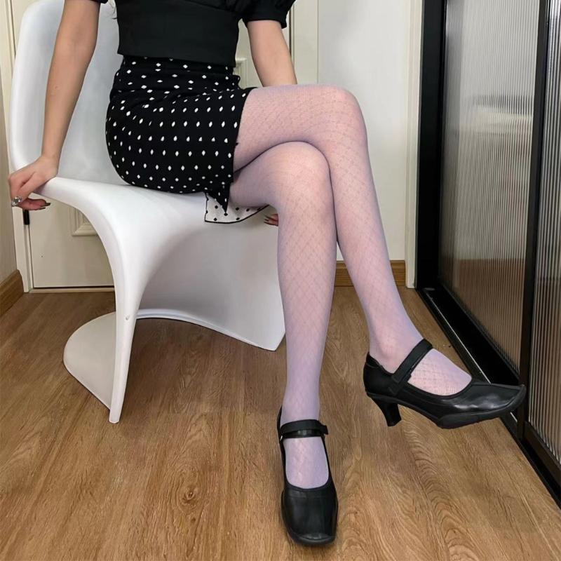 Womens Diamond Grid Pattern Sheer Fishnet Mesh Tights Vintage 90s Aesthetic Sexy See Through Thin Pantyhose Stockings