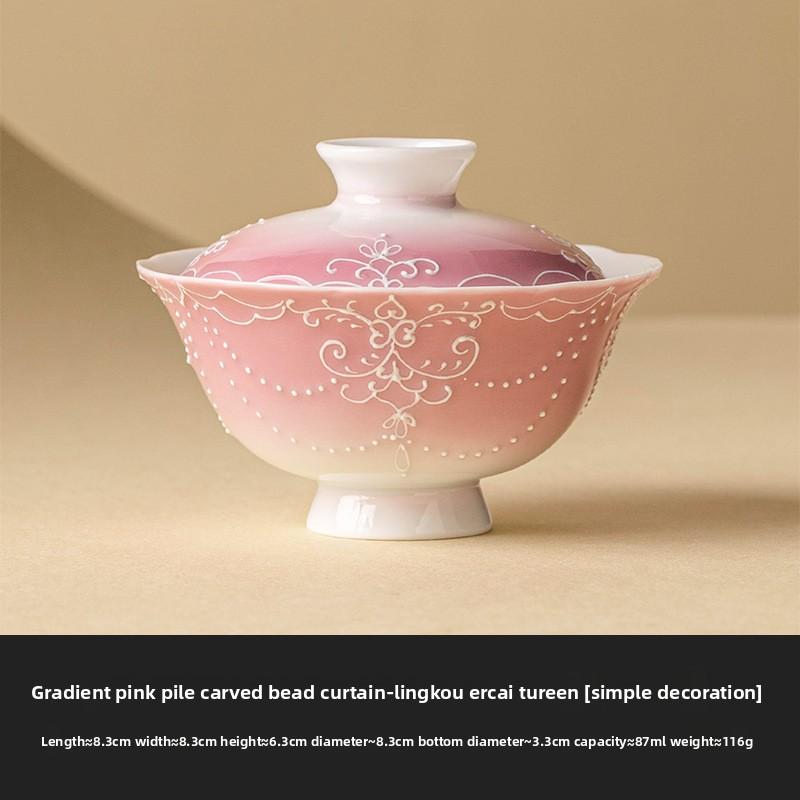 

Градиентно-розовая гайвань, чайная чашка, керамический заварочный набор, ручная роспись, резьба с крышкой, для домашнего использования, одиночная, высококлассная, чайная посуда для кунг-фу