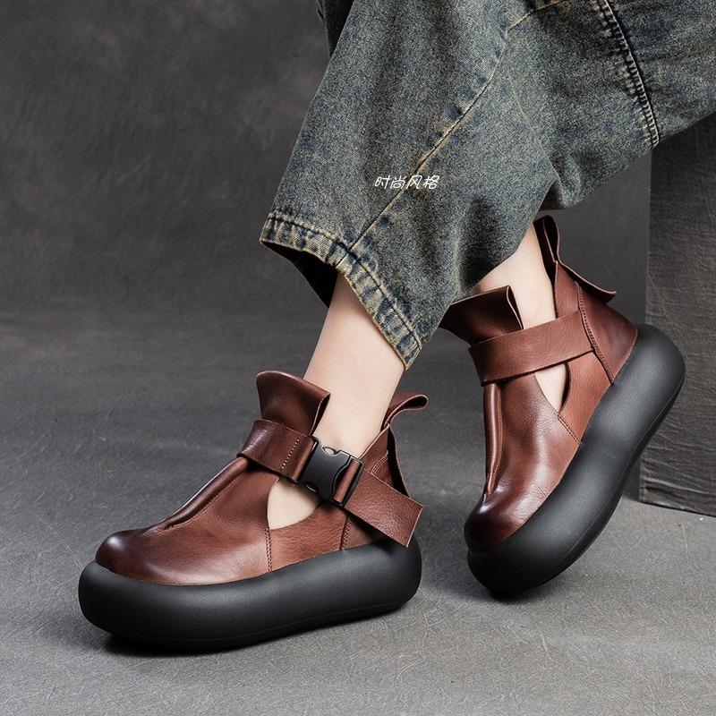 2025 New Women's Fashion Boots Round Toe Platform Sole Buckle Hollow Short Boots Retro All-match Spring and Autumn Single Shoes