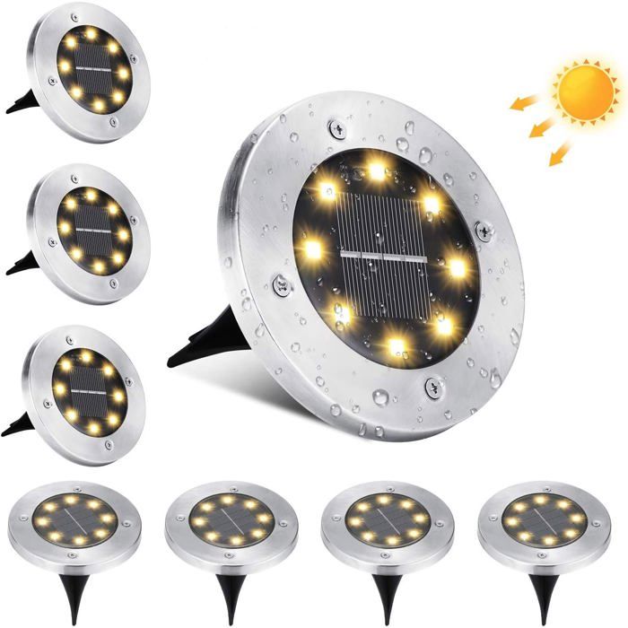 Lampe solaire extérieure AIMOONSA 8 LED - Spots encastrables inox IP65, blanc chaud