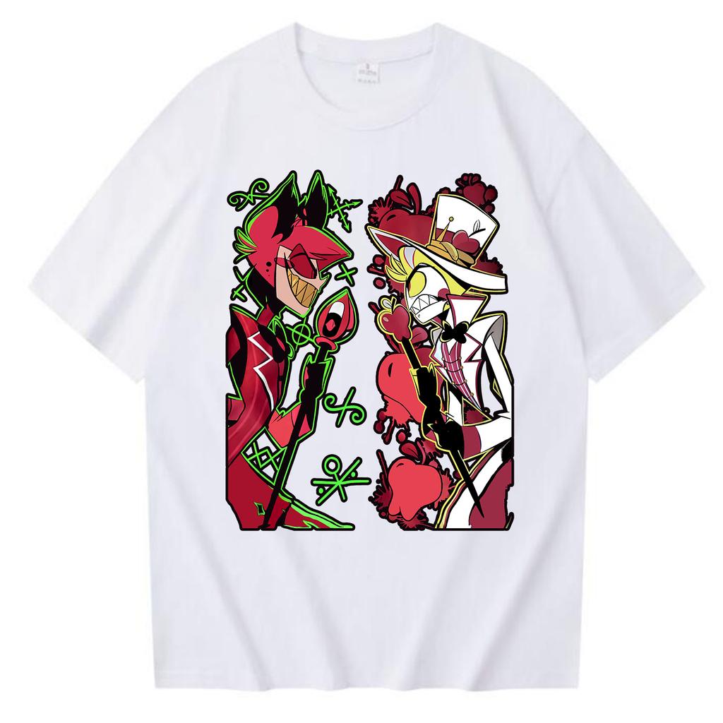 Anime Hazbin Hotel Alastor VS Lucifer Graphic T Shirt Woman Man Harajuku Round Neck T-shirt Gift Tops