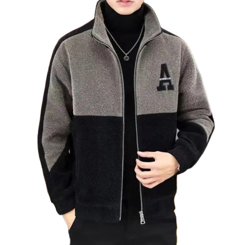 Spring and Autumn Men's Color-blocked Fashion Coat, Stand-up Collar Spliced Casual Thickened Warm Pluse-sized Top