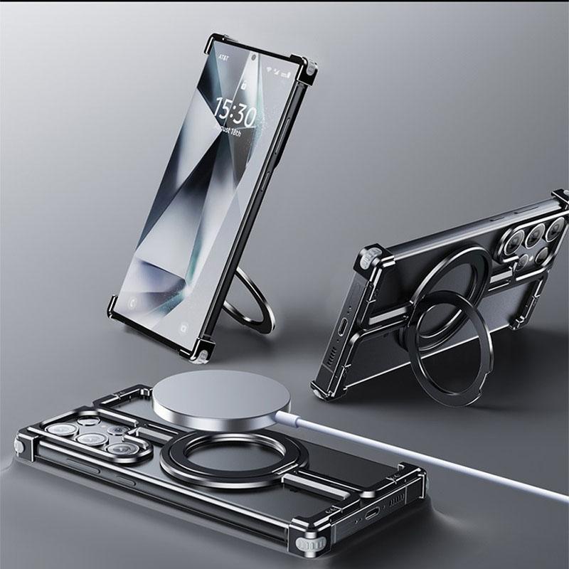 Custodia per Telefono con Staffa Metallica Magnetica per Samsung Galaxy S24 S23 Ultra Telaio in Lega di Alluminio Bumper Senza Bordi con Anello per Dita Copri Telefono
