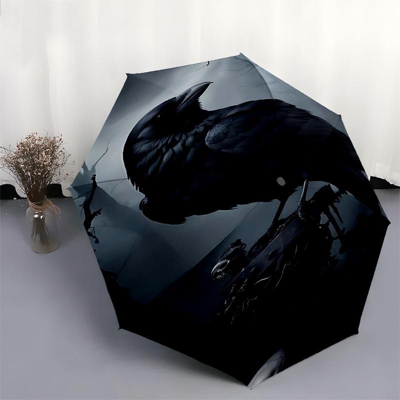 1pc Crow, SkullsOpen/Close Umbrella-Windproof, Compact Travel Umbrella, Sturdy 8-Rib Shaft, Outdoor Accessory1173