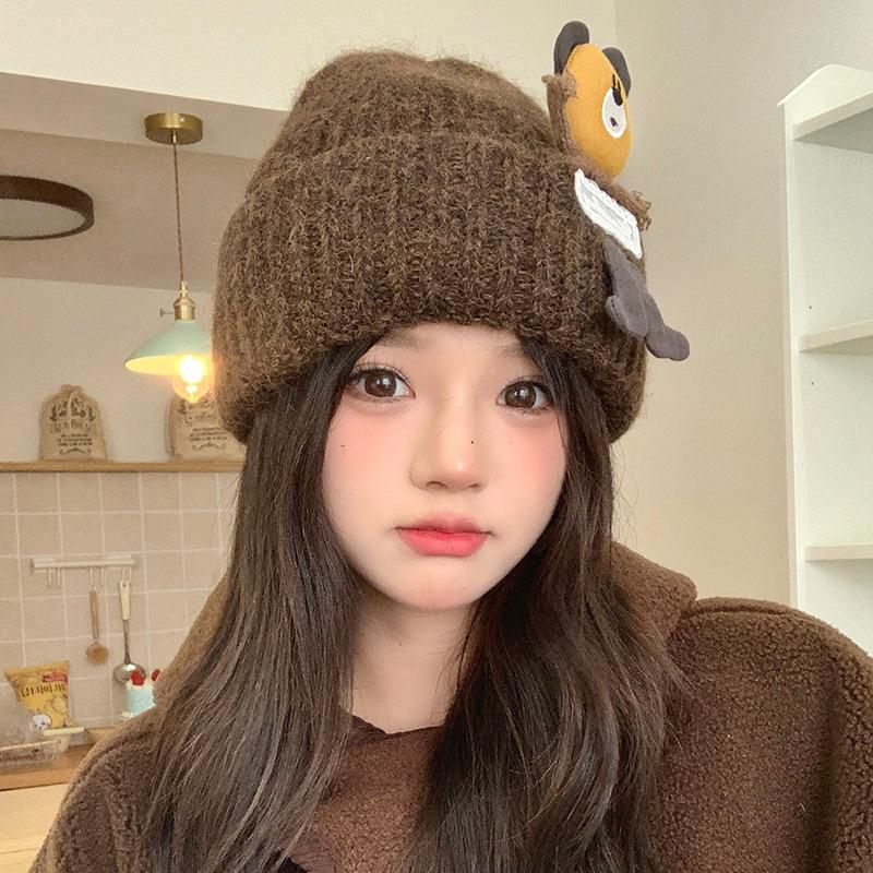 Japanese style Cute Bear Knitted Hat Girls' Autumn and Winter Student Warm Ear Protecting Woolen Hat Headscarf Cold Proof Hat