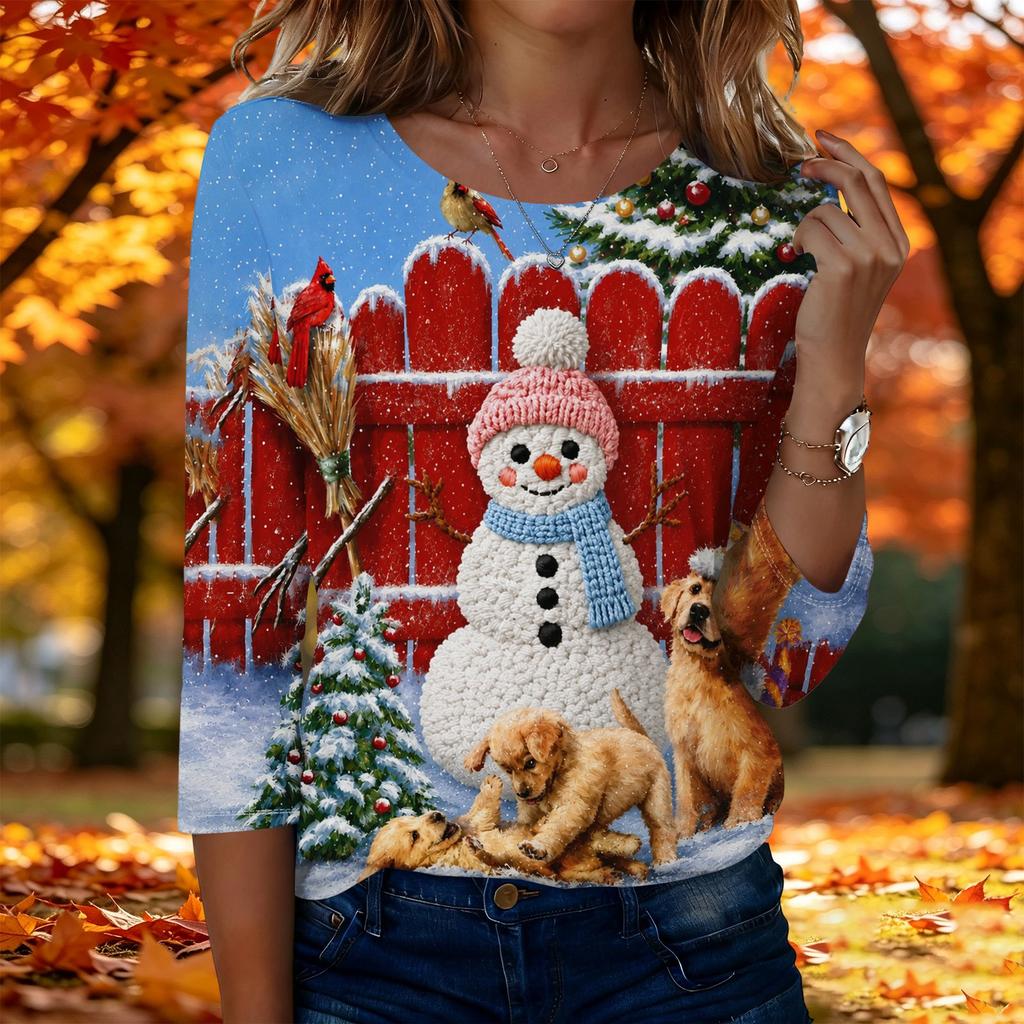 Women's Casual Christmas Print Three-Quarter Sleeve Neck Top