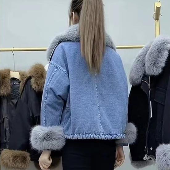 Winter Frauen Denim Jacke Faux Pelz Trim Lange Ärmel Dicken Plüsch Gefüttert