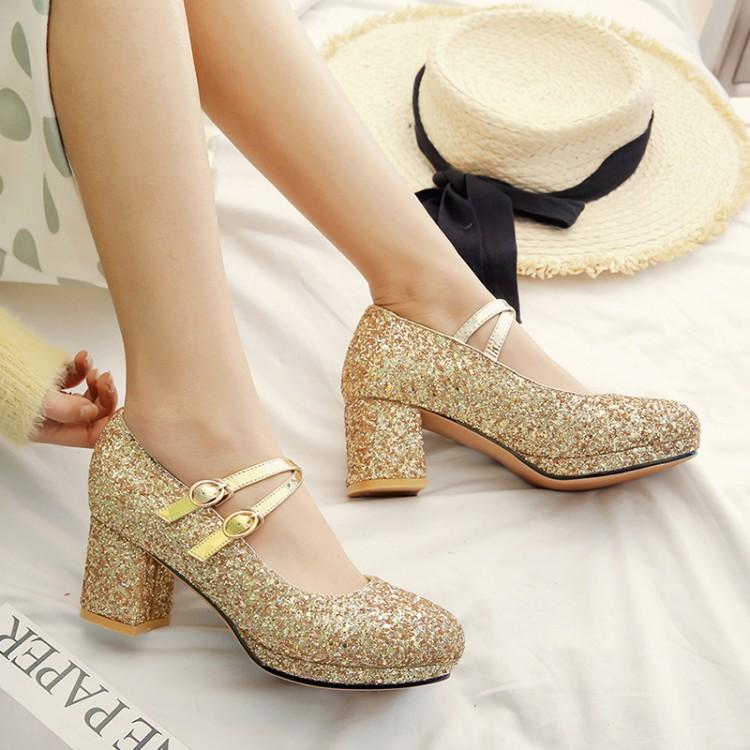 Velikost 33-43 Dámské červené třpytivé zlaté boty na vysokém podpatku, Mary Jane lodičky s dvojitým přezkovým páskem, společenské svatební