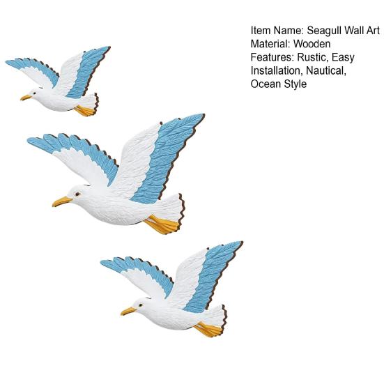 3 Pcs Wood Seagull Beach Wall Art Nautical Coastal Theme Flying Sea Birds Wall Sculpture Lake House Ocean Ornaments for Home Bathroom