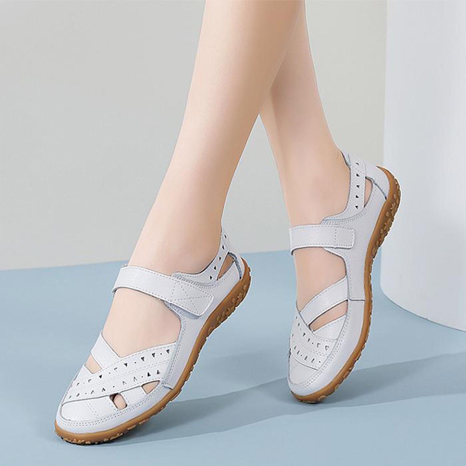 

Women s Fashion Retro Soft Leather Soft Sole Baotou Flat Hollow Comfortable Flat Shoes 46 білий