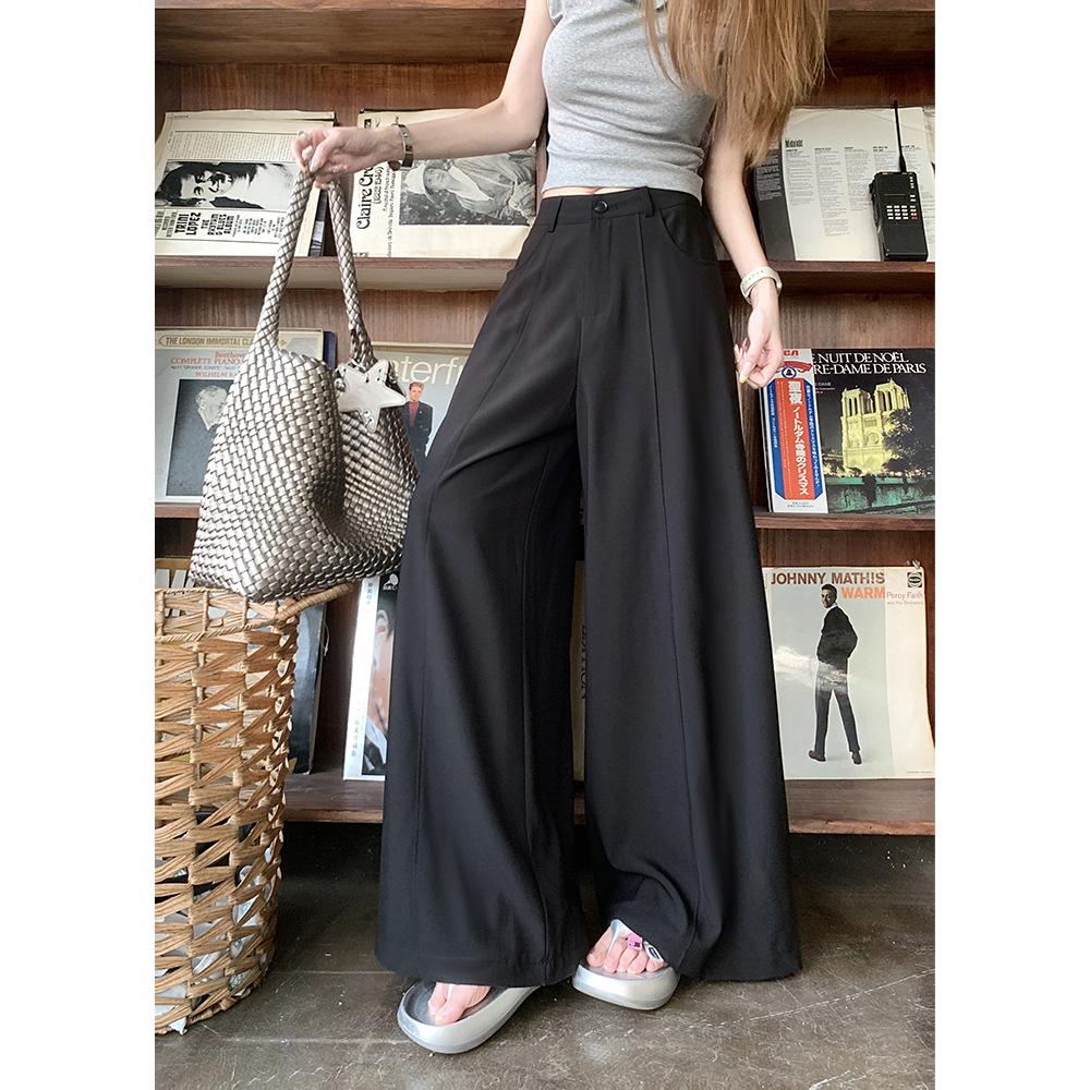 Women s Retro Grey High-Waist Wide-Leg Pants - Spring/Summer Slimming, Drapey, and Floor-Length Medium