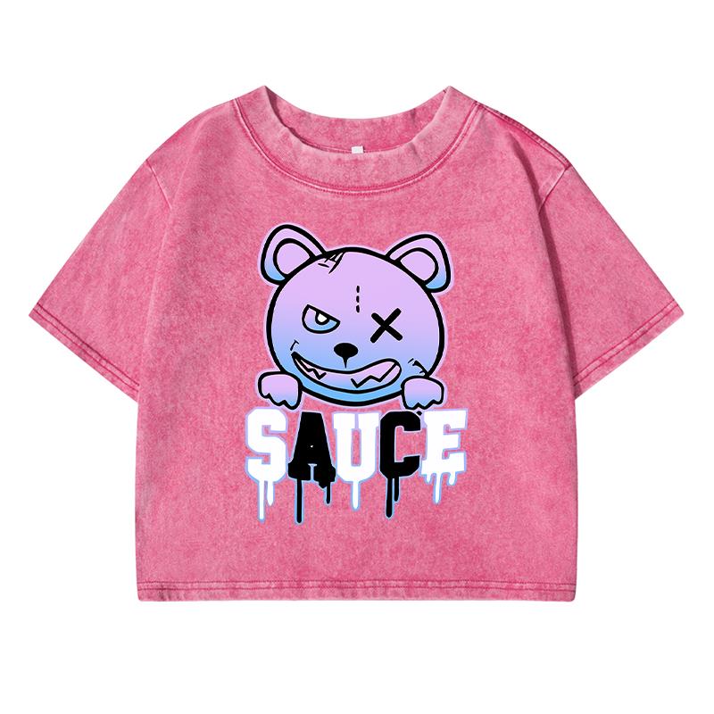 Funny Bear Cartoonprinting Female Washed Short Tshirt Breathable Summer T Shirt Distress Midriff-Baring Top Women