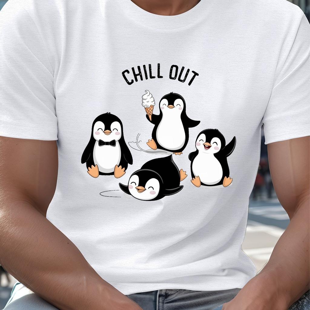 Chill Out Penguins Graphic Tee Men Summer Casual Short Sleeve Crew Neck TShirt Breathable Print