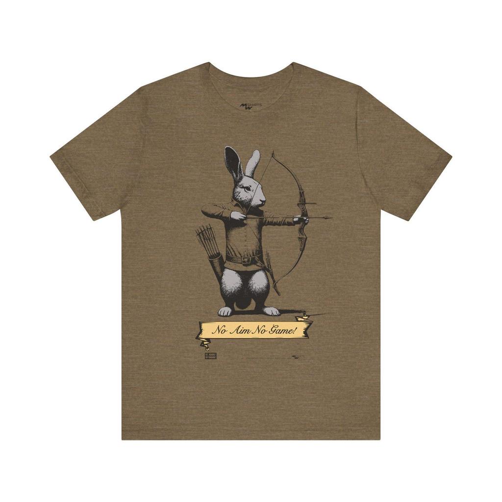Archery Rabbit T-Shirt: Vintage Style, "No Aim, No Game" Bow And Arrow