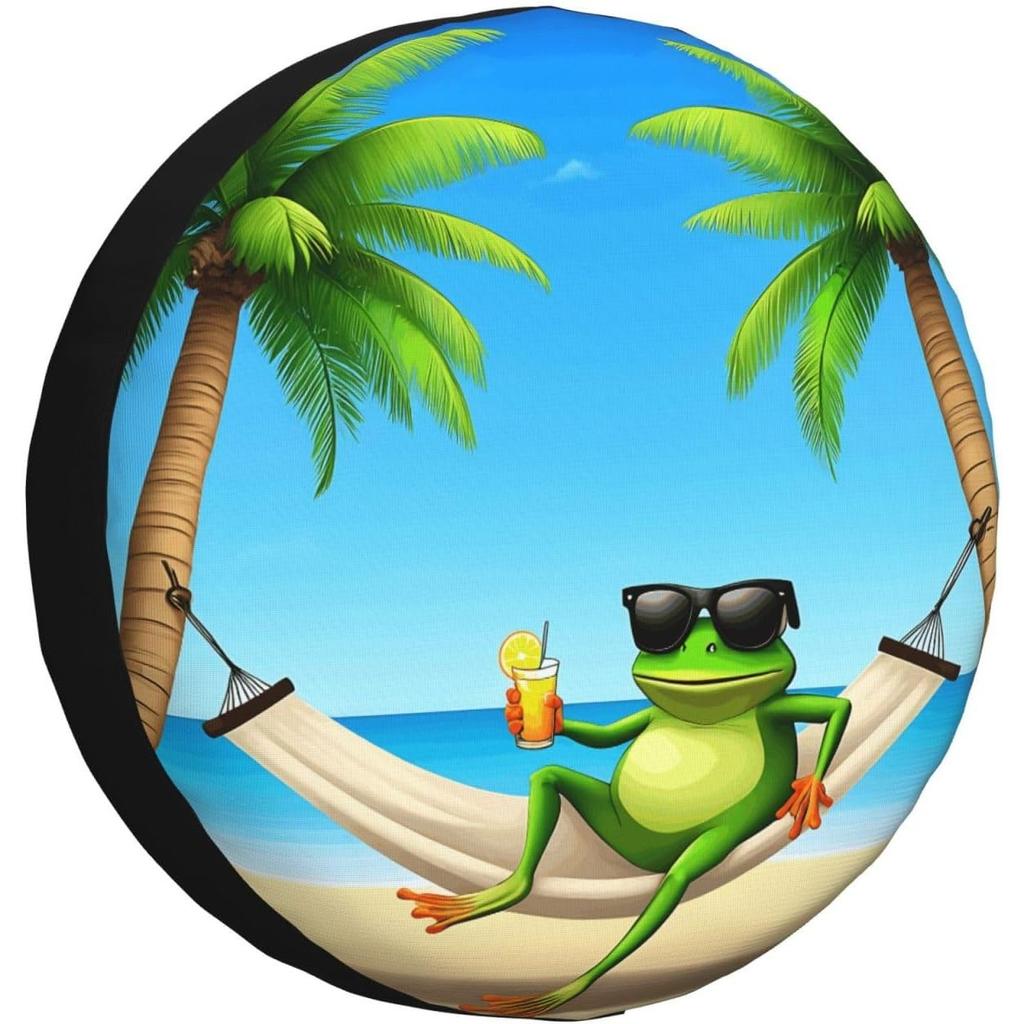 Green Funny Frog Spare Tire Cover Palm Trees Sea Animal Beach Summer Tire Cover Wheel Protectors Weatherproof Universal for Cars