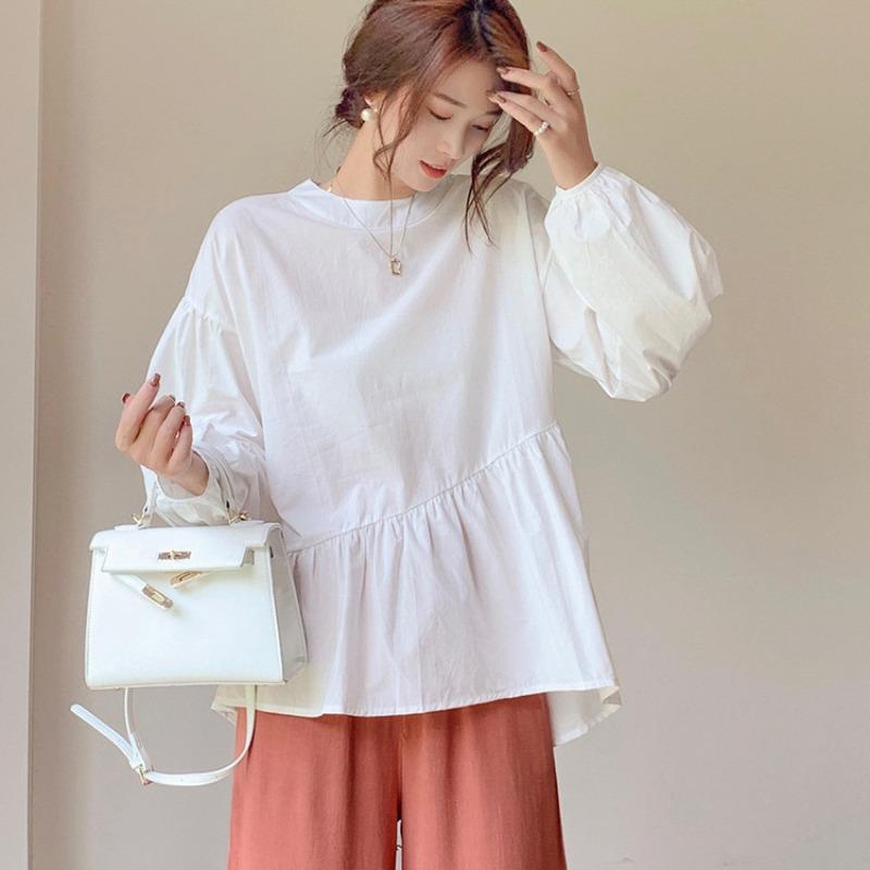 Spring and Autumn Women's Shirt Design Sense Solid Color Loose Irregular Pure Cotton Women's Shirt