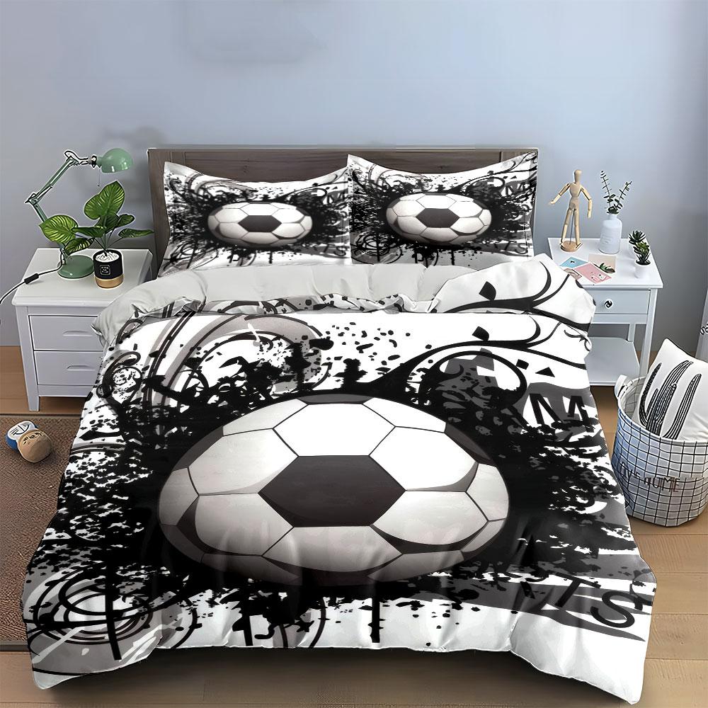Black And White Grunge Soccer Ball 3Pcs Bedding Set Soft Microfiber Duvet Cover Pillowcase Set For Cool Sports Fans Bedroom