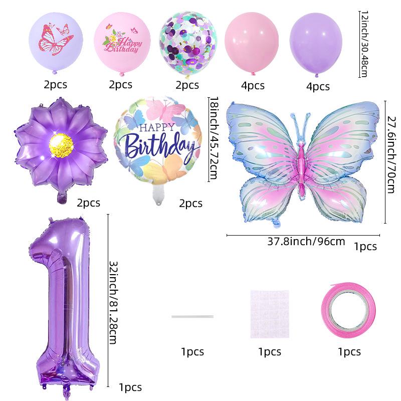 Purple Butterfly Flower Balloon Set for Girl's First Birthday Party Decor