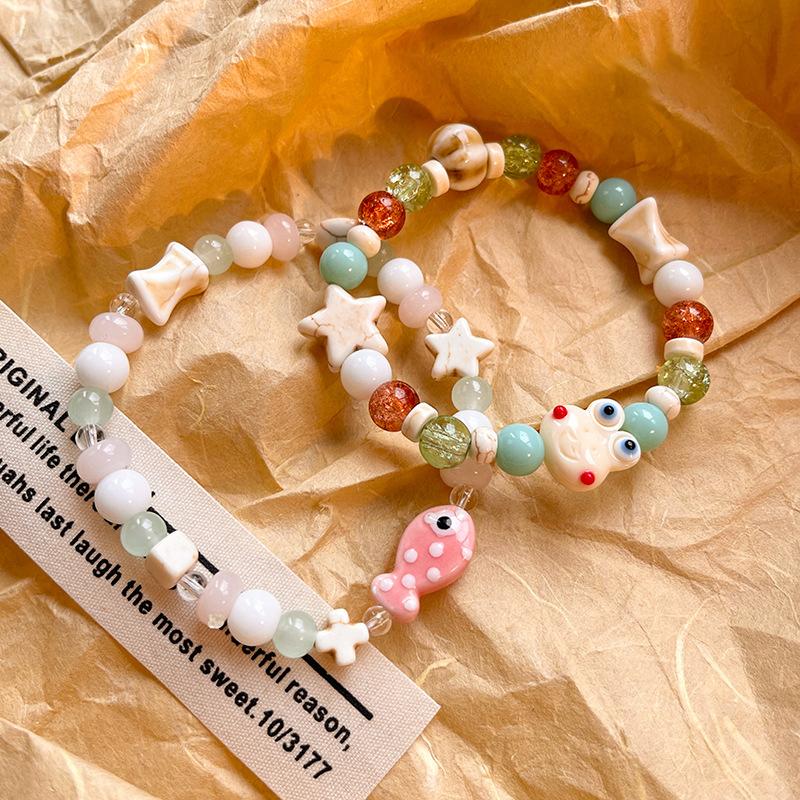 Cartoon Cute Ceramic Fish Frog Beaded Elastic Rope Bracelet Women Jewelry Accessories Gifts