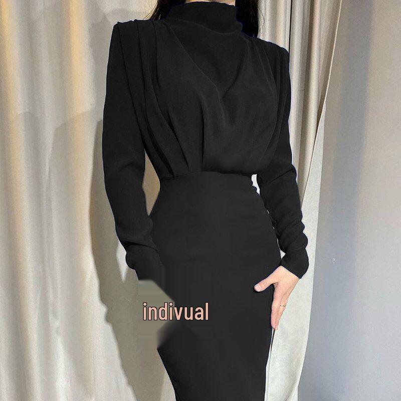 2025 Autumn Elegant Waist-Cinching Long-Sleeved Solid Color Dress 2XL светло-синий
