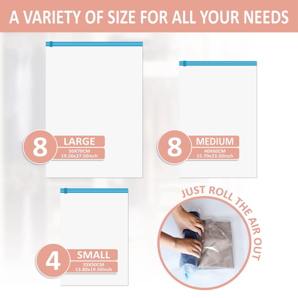 Travel Roll-Up Compression Bags, Reusable Vacuum Storage Bag, Saves 80% of Storage Space, Roll-Up Compression, No Need Air Pump