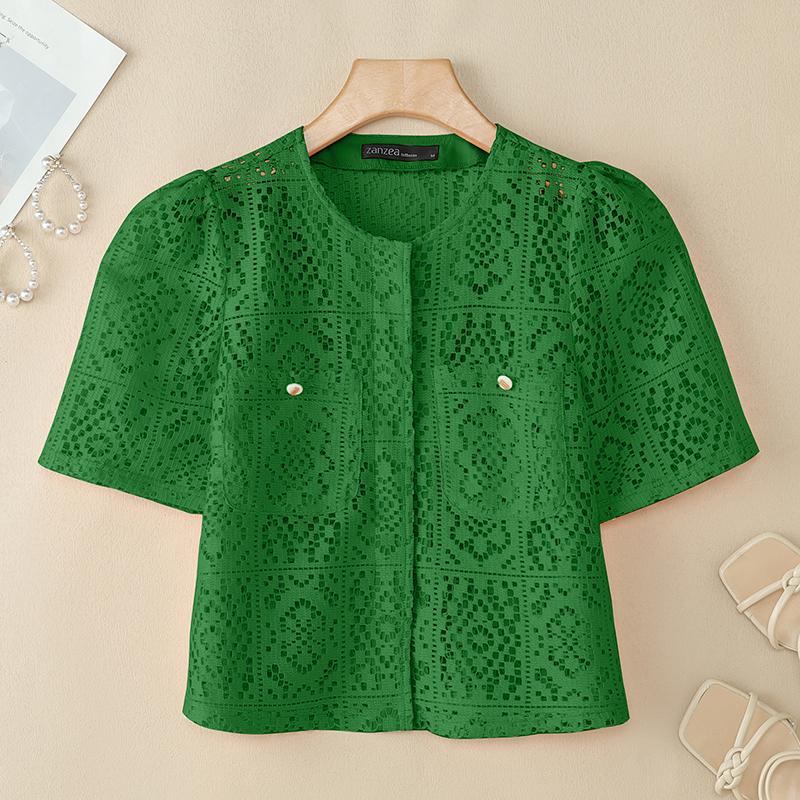 ZANZEA Womens Summer Hollow Out Crochet Short Sleeve Cardigan Blouse
