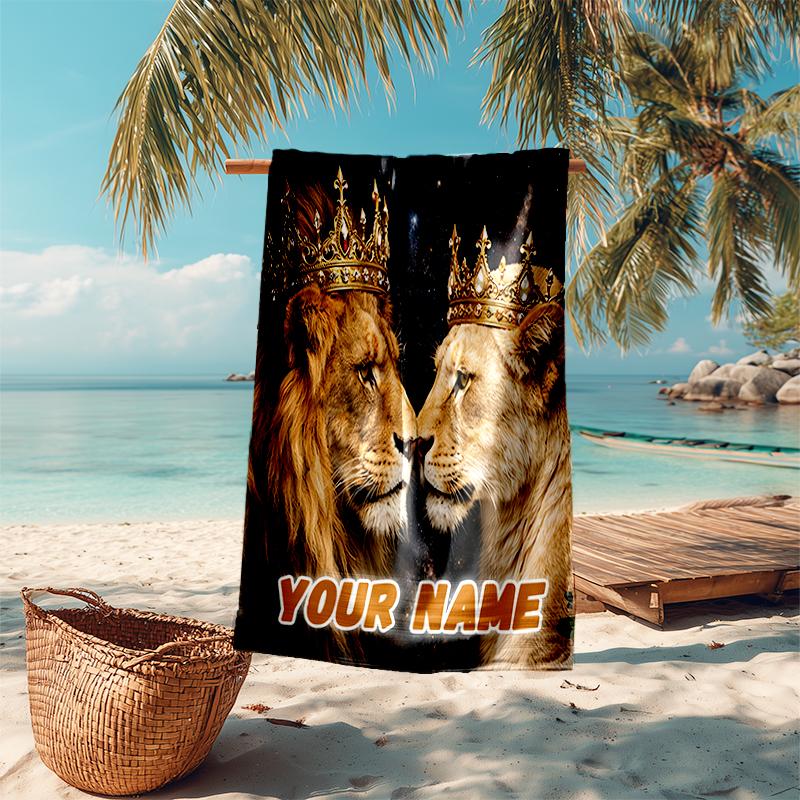 1PC Custom Name Royal Lion Couple Beach Towel Highly Absorbent And Sand-Resistant Towel for Swimming, Pool, Yoga, And Travel Lightweight