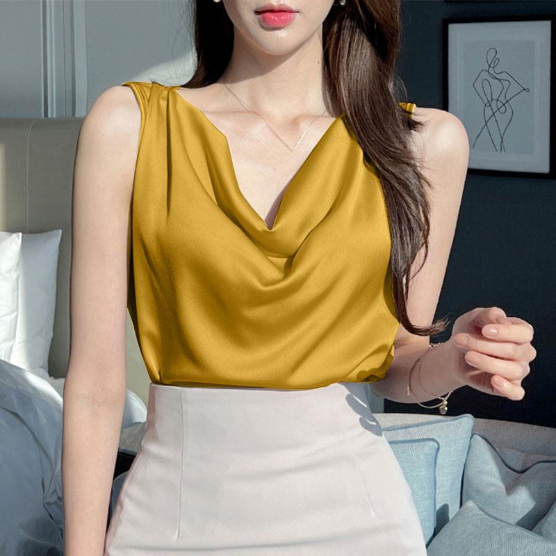 

ZANZEA Женские повседневные свободные летние топы без рукавов с воротником-хомутиком M жёлтый