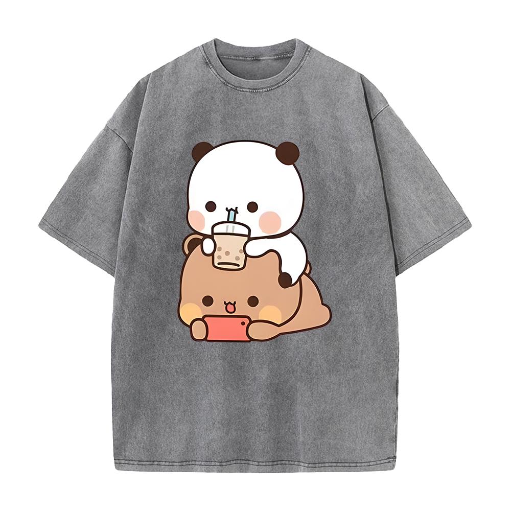 Bubu Cartoon T Shirt Women Men Unisex Couple Tshirt Summer Short Sleeve Tshirt Clothing Washed Cotton ONeck Tee Streetwear
